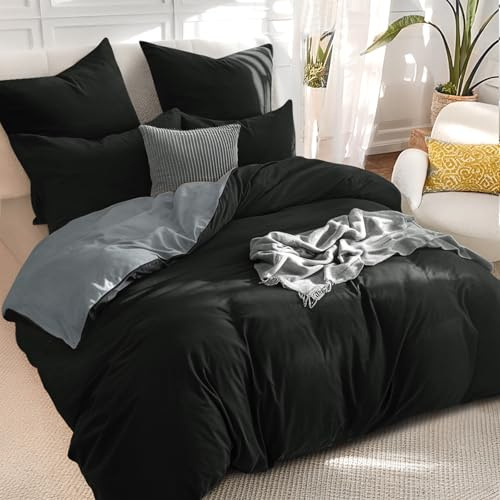 RUIKASI Black Super King Duvet Cover Sets Grey - Reversible Black Duvet Set Superking Bedding Set with Zip, Soft Brushed Microfibre Bed Set Quilt Cover with 2 Pillowcases