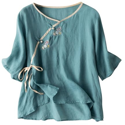 Camiseta Mujer Lino Algodón Manga Corta Camisa Ligero Estilo Chino Verano Moda Casual Cuello Redondo Bordados Tops Color sólido Elegante Suelto Cómodo T-Shirt Basic tee Transpirable Blusa 2025