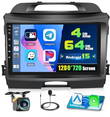 4+64G Android 15 Car Stereo for Kia Sportage 2010-2016 with Wireless Carplay Android Auto, 9’’ IPS 1280 * 720 Touchscreen Radio with Bluetooth 5.0 DSP GPS WiFi Dual USB