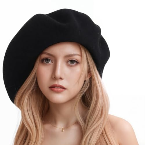 HIQIU Stor ull fransk baskermössa varm basker mössa klassisk konstnär målare hatt för höst och vinter, svart, one size