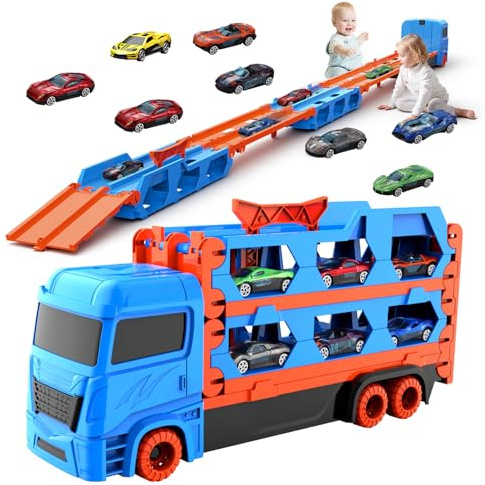 Camion Jouet avec 8 Voitures, Voiture Jouet pour Enfants de 3,4,5,6,7,8+Ans, Garage, Camion de Transporteur Portable et Pliable avec Circuit de Course de 61 Pouces, Cadeau d'anniversaire pour Garçons