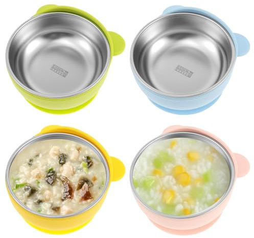 Gatphy 4 ciotole per bambini con ventosa, in acciaio inox, in silicone, con ventosa, design a doppio strato, resistente alle scottature, resistente alle alte temperature