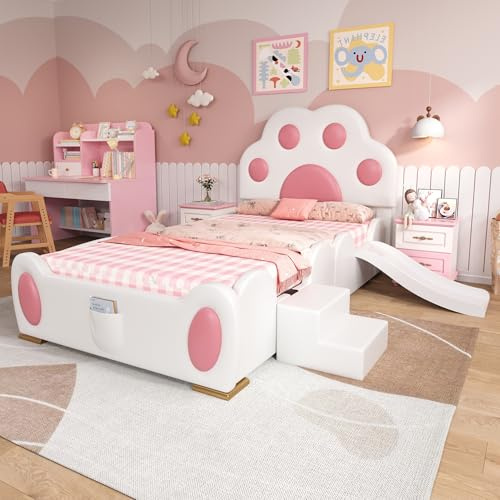 Kebnor Cama tapizada, cama individual, cama infantil, cabecero en forma de pata de gato, con un tobogán infantil y una escalera de dos niveles, superficie de poliuretano, color blanco + rosa, (90 x