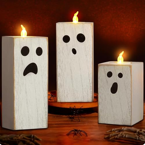 Capgoost Halloween Kerzen, 3 Stück Geister LED Kerze, Halloween Deko Innen, Geister Tischdeko, Batteriebetriebene LED Kerze, Gespenster Halloweendeko Kerzen Licht, Gespenst Dekoration Teelichter