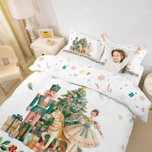 Homewish Christmas Nutcracker Bedding Sets Merry Christmas Xmas Tree Duvet Cover,Nutcracker Winter Themed Bed Set King Happy New Year Bed Cover,No Comforter