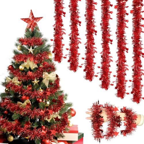 Forbabe 6 Stück 2M Weihnachten Lametta Girlande Rot mit Sternen