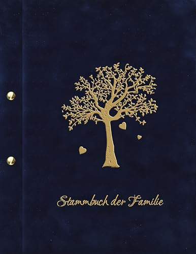 SAMONA Stammbuch der Familie A4 Hochzeit – Familienstammbuch Blau Velours mit Goldener Baumprägung & Ahnenbaum – Handgefertigtes Stammbuch mit Buchschrauben für Urkunden, Dokumente