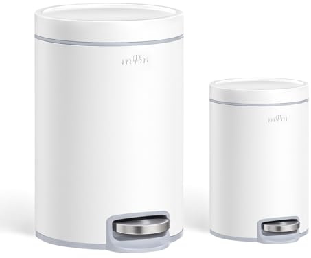 mVm Round Step Kitchen Bin with Lid,3+12L Stainless Steel Pedal Rubbish Bin,Bathroom Home Office Garbage Can with PP Bucket,Soft-Close,Fingerprint Proof,Odour Seal