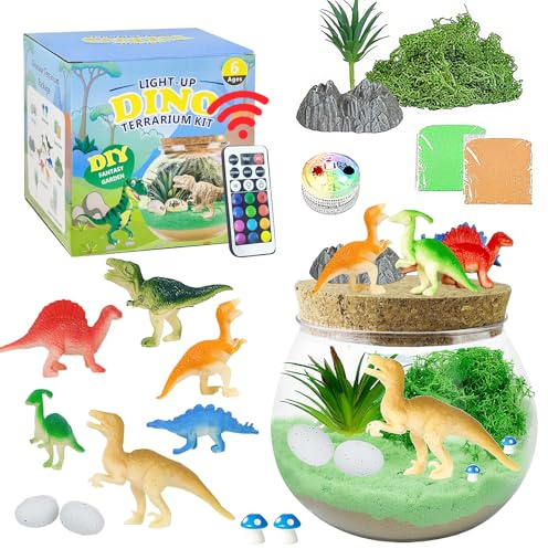Dinosaurier-Terrarium-Set mit 6 Dinos, Dino Spielzeug Bastelsets für Kinder, LED-Nachtlicht &Fernbedienung, Lern-Experimente Kit, Bastelset Geschenk für Jungen 4–12 Jahre,Geburtstag &Weihnachten