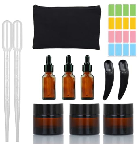OIXEYA 6 Pièces Boîtes Vides en Verre Ambré, Pot en Verre avec Couvercle, Avec Des Outils d'emballage et Des Sacs, Bocaux en Verre Ambré, Bonne Étanchéité et Protection Contre Les UV, Pot Cosmétique
