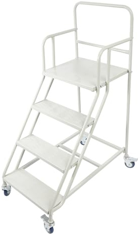 Escalera industrial de 4 peldaños con ruedas, 400 kg, plataforma de acero, escalera de rodamiento industrial con pasamanos, adecuada para bibliotecas, garajes
