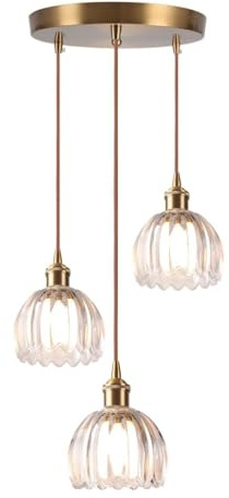 LIGINOK 3 Lampes Suspension Luminaire Vintage Lustre Plafonniers en Verre Transparent Fleurs E27 Lampe Suspendue Réglable en Hauteur Suspension de Table de Salle à Manger pour Salon Chambre Cuisine
