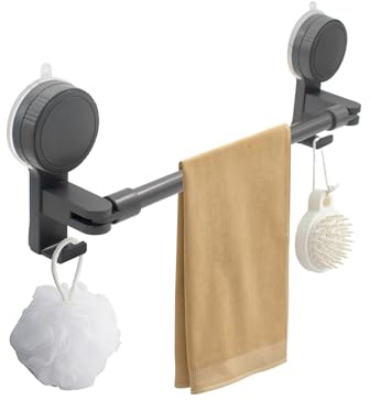 Extendable Suction Cup Towel Bar, 13.4–22 Inch Adjustable Aluminum Alloy Bathroom Towel Rack, No Drill Wall Mounted Removable Rotatable Retractable Rod for Bathroom & Kitchen (Gray)