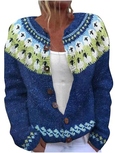 Cardigans for Women Lightweight Long Sleeve Sweaters Retro Ethnic Stlye Knitwear Ladies Open Front Button Cardigan Textured Fleece Casual Knitted Jackets Winter Round Neck Warm Sweater S-5XL