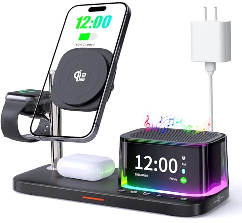 7-in-1 Wireless Charging Station for Multiple Devices for Apple,Qi2.2 25W Magnetic Charger with Bluetooth Speaker & Colorful Night Light, for iPhone 17/16/15/14/13 Pro Max,Airpods,Apple&Samsung Watch