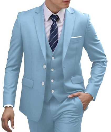 Herrkostymer herr affärskostym set slim fit blazerbyxor formell bröllop värd prestanda outfit, Himmelsblått, XXL