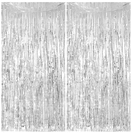 JOYIT 2 Stück Lametta Vorhang Silber - 100x200cm Glitzernde Luftschlangen Fransen Geburtstagsdeko für Hochzeiten, Feiern, Party Dekoration and Foto Hintergrund