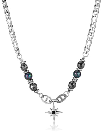 Jemant Y2k Star Necklace For Men Women Silver Stainless Steel Figaro Link Coffee Beans Hematite Pearl Bead Chain Chunky Thick Hip Hop Punk Edgy Cool Star Pendant Necklace Non Tarnish Jewelry (Silver E)