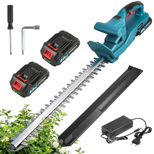 Yofidra Heckenschere Akku, Elektrische Heckenschere mit 2x2000mAh Akku und Ladegerät, Dual Schnittklingen 50cm Schnittlänge, 15mm Zahnabstand, Leichte Elektro-Heckenschere mit Schutzhülle
