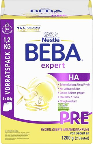 BEBA expert HA PRE – Hydrolysierte Anfangsnahrung, Vorratspack (à 2 x 600g) | Hydrolysierte Anfangsnahrung von Geburt an, patentiertes Produkt, nur Laktose, ohne Palmöl, wissenschaftlich geprüft