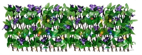 MTKSFDC Brise Vue Clôture Extensible imperméable à Feuilles artificielles, clôture de confidentialité avec guirlandes solaires, écran de clôture en Faux Violet, décoration de Jardin(Color-C)