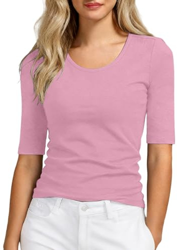 T-shirt à coupe ajustée avec manches mi-longues - Haut basique doux avec col rond pour vêtements d'été décontractés - Haut confortable et extensible pour femme, Rose, XL