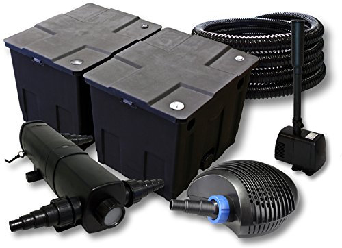 SunSun Komplettset: CBF-350B Teichfilter bis 60000 L Teichfilteranlage, CTF-6000 Teichpumpe 6000l/h 40W, CUV-224 Teichklärer 24W, 25m Teichschlauch 25 mm, HJ-943 Springbrunnen 800l/h 16W