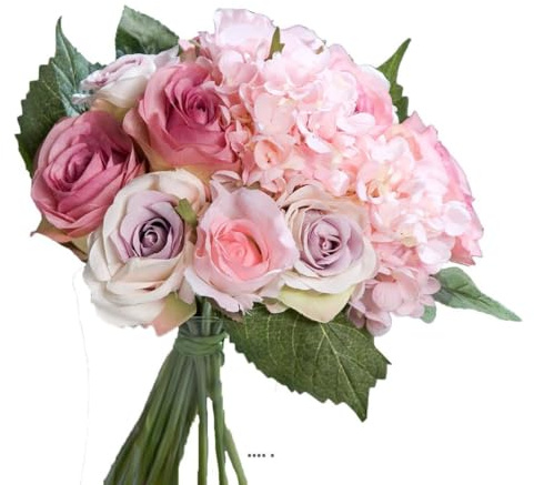Artificielles.com - Bouquet de Roses et Hortensias artificielles Rose 13 tetes Diametre 28 cm - couleur: Rose pâle