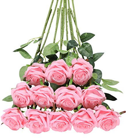 Tifuly 12 PCS Artificial Roses, 19.68'' Single Long Stem Fake Rose Silk Bridal Wedding Bouquet Realistic Flower for Home Garden Party Hotel Office Decor(Blossom Roses,Light Pink)