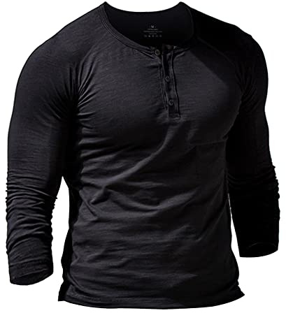Herr Slub Henleys T-shirt Kort eller lång ärm Lättviktig Avslappnad Passform Casual med 3 knappar knäppning Runda Hals skjortor 9308 Svart X-Large