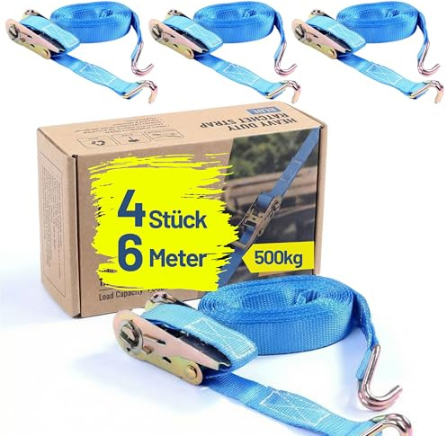 4X Spanngurt mit Ratsche und Haken 6 m bis 500 kg / 500 daN, zweiteilig 2-TLG Ratschengurt blau, 25 mm Gurtbreite Zurrgurt