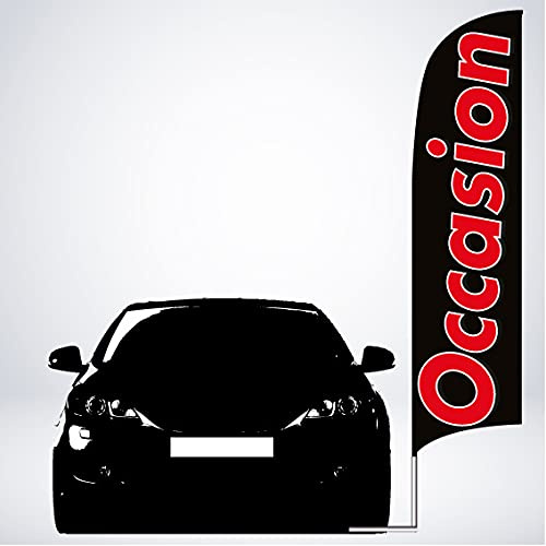 Car Flag XL 3,80 m « OCCASION » Noir Kit complet : mât fibre de verre, pied rotatif sous roue et voile 3 m. Drapeau publicitaire haute visibilité idéal pour parcs auto et concessions.