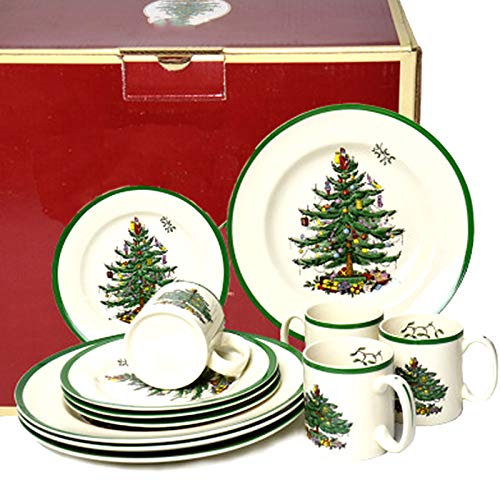JFF Série De 12 Pièces De Style Noël Vaisselle Ensemble d'arbre De Noël Vert, Service pour 4, Ensemble De Vaisselle pour Une Utilisation Quotidienne