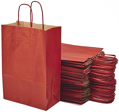 50 Stück rote Einkaufstaschen aus Kraftpapier mit Griffen – 20 x 10 x 29,2 cm – Einkaufstasche/Geschenkverpackung für Geburtstag, Weihnachten, Hochzeit.