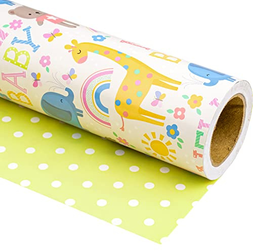 RUSPEPA Vändbart presentpapper för babyshower – minirulle – 43 cm x 10 m – djur och ny bebis design för födelsedag, semester, fest