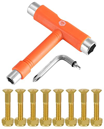 Panjshirv Skateboard-Werkzeuge, Skateboard-Werkzeug, multifunktional, tragbares Skateboard-T-Werkzeug-Zubehör, Skateboard-Hardware, goldene Bolzen-Set (orange-goldenes Schrauben-Set)