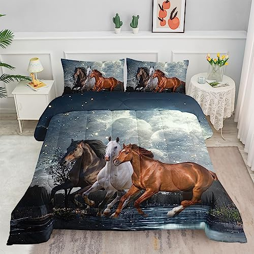 Datura home Galloping Horse Comforter Bedding Set,Teens Wild Animal Horse Galloping 3D Elegant Western Horses Print Comforter with 2 Pillowcases(Horse Galloping Queen)