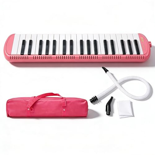 37 Tasten Melodica, Blasmusikinstrument aus Edelstahl mit Kurzen Mundstücken Tragetasche geeignet für musikalisches Geschenk für Jungen und Mädchen (Rosa)