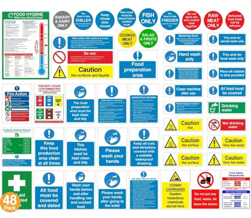 Rubigo Complete Kitchen Safety Signs Set – 48 Self Adhesive Waterproof & Heat-Resistant Stickers – ISO 7010 Compliant – Commercial Kitchen Use – Food Hygiene, Allergy, Fire Action – Bold & Clear (48)
