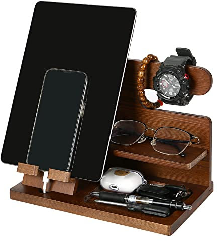 Docking station per telefono in legno, 25,5 x 15 x 19 cm, organizer semplice e di alta qualità per il compleanno di un uomo o la festa del papà (noce nera)