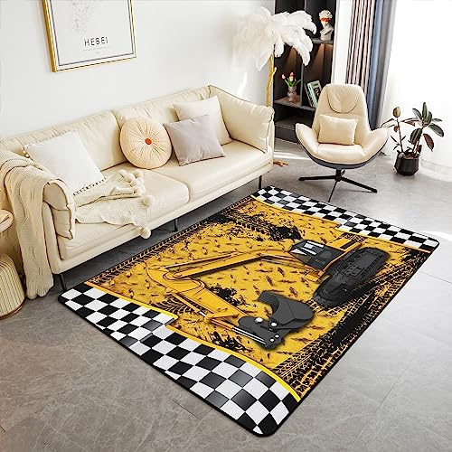 richhome 3D Bagger Teppich 100x150 für Nachttisch, Jungen Männer Baufahrzeuge Kinderzimmer Waschbarer Teppich Wohnzimmer, Schwarz Weiß Geometrie Checkers Innenbodenmatte für Schlafzimmer Wohnzimmer
