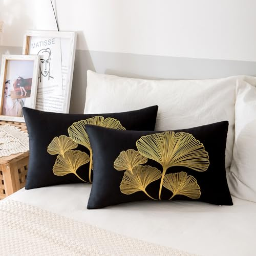 ETOLISHOP 2er Set Kissenbezug Schwarz Kissenbezüge Ginkgo Biloba Samt Kissenbezug Moderne Zierkissenbezug Sofakissen Dekokissen Kissenhülle Set für Sofa Schlafzimmer Stuhl Auto Couchkissen 30x50cm