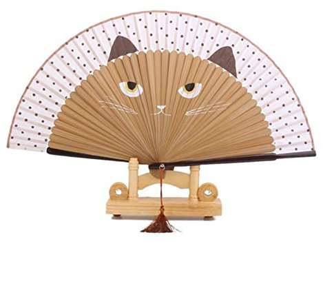 Faltender Handfächer – Damen-Cartoon-Katze, faltbarer Seidenfächer, Handfächer, niedliche Handfächer, Tanz, Hochzeit, Party, Geschenk, Sommer, Heimdekoration (schwarz), dekorativer Fächer (Farbe: Brau