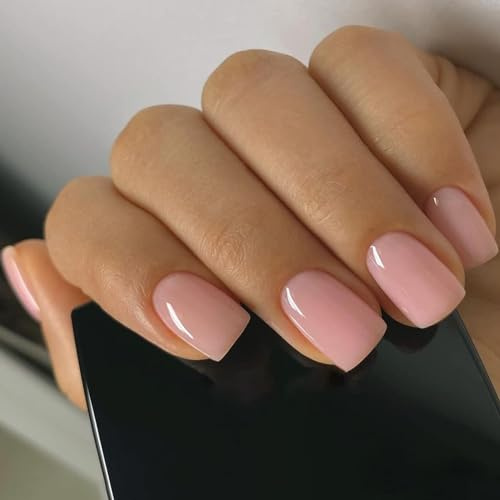 24Pcs Square False Nails Short, French Pink Tip Nude Press on Nails Solid Colour Fake Nails, Removable Glue on Nail Acrylic Full Cover Artificial Stick on Nail for Women Girls