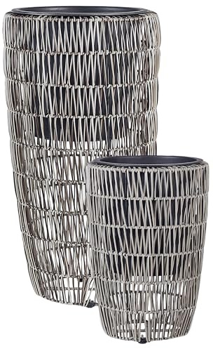 Blumentopf 2er Set Rattan braun rund hoch Outdoor & Indoor mit Innentopf Chelone