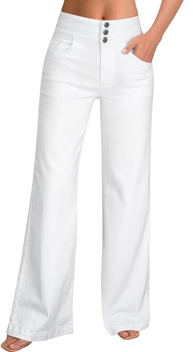 roswear Women’s Wide Leg Jeans Casual High Waisted Stretch Baggy Loose Denim Pants White Medium
