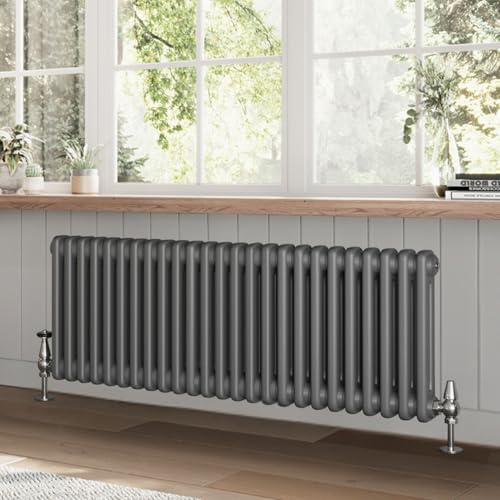 Go Bathrooms Utopia Grey Horizontal Radiator 400 x 1190mm Traditional Cast Iron Style 2 Column Anthracite Central Heating Living Room Radiator