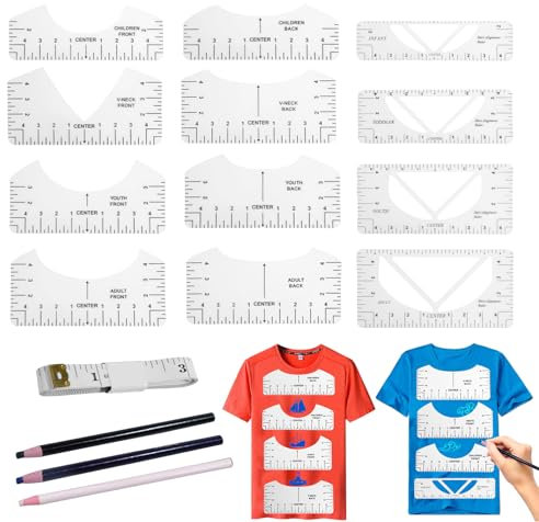 GEGNNS 12 T-Shirt Ausrichtungslineal zum Ausrichten von T-Shirts Zentrierungswerkzeuge mit 1 Rolle Lineal & 3 Stiften, DIY Ausrichtlineale, Ausrichtungslineal Werkzeug T-Shirts Für Nähen und Basteln