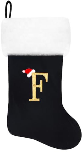 Eoocan Monogramm-Weihnachtsstrümpfe, schwarzer Samt mit weißem, superweichem Plüschbündchen, bestickt, klassisch, personalisierbar, Weihnachtsstrumpf, Dekorationen für Familie, Urlaub, Dekoration,