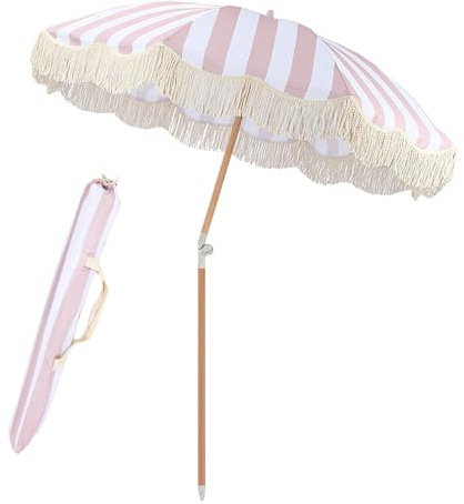 Boho-Sonnenschirm Gartenschirm 200 cm, gestreifter Rund Terrassenschirm mit Fransen, neigbarer Holzstange, wasserdicht, Sonnenschutz